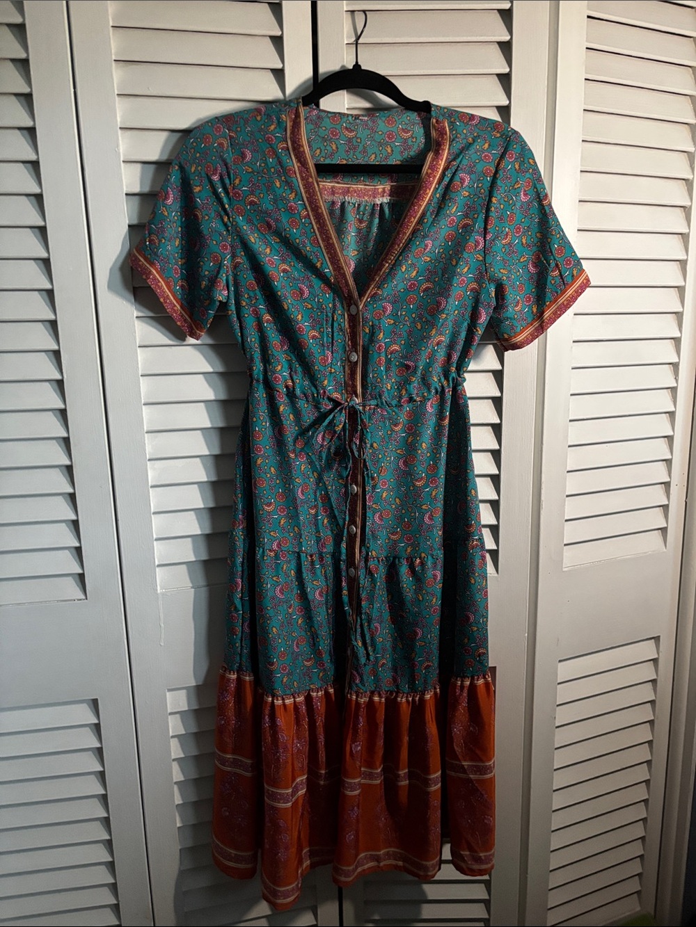 Teal Paisley Midi Dress with Rust Hem and Tie Waist